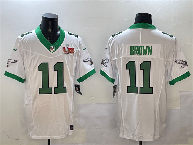 Men's Philadelphia Eagles #11 A.J. Brown White 2025 Super Bowl LIX Patch F.U.S.E. Vapor Untouchable Limited Stitched Football Jersey