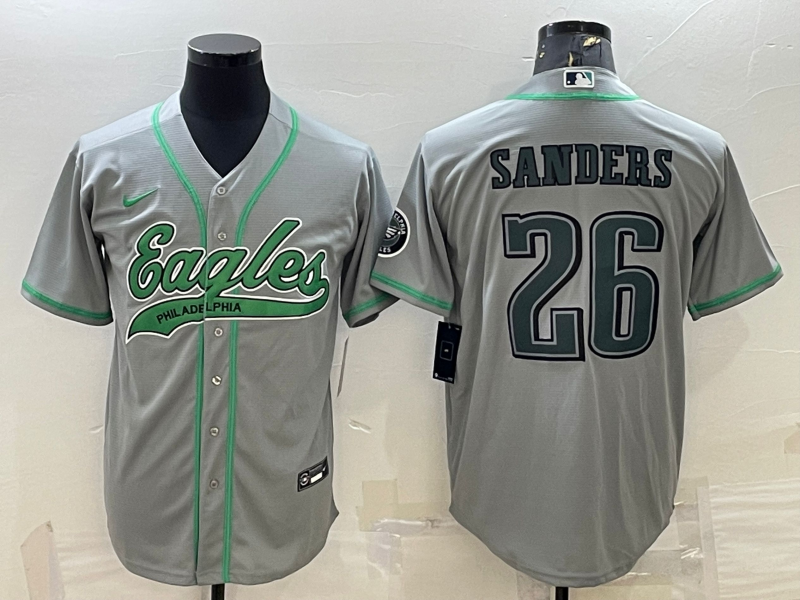 Men's Philadelphia Eagles #26 Miles Sanders Grey With Patch Cool Base Stitched Baseball Jersey