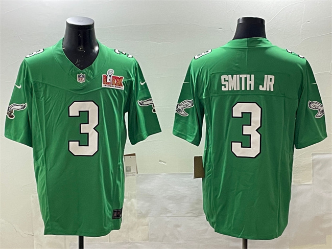 Men's Philadelphia Eagles #3 Nolan Smith Jr. Green 2025 Super Bowl LIX Patch F.U.S.E. Throwback Vapor Untouchable Limited Stitched Football Jersey