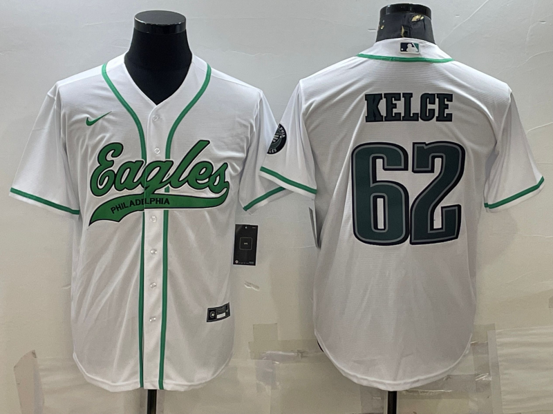 Men's Philadelphia Eagles #62 Jason Kelce White With Patch Cool Base Stitched Baseball Jersey