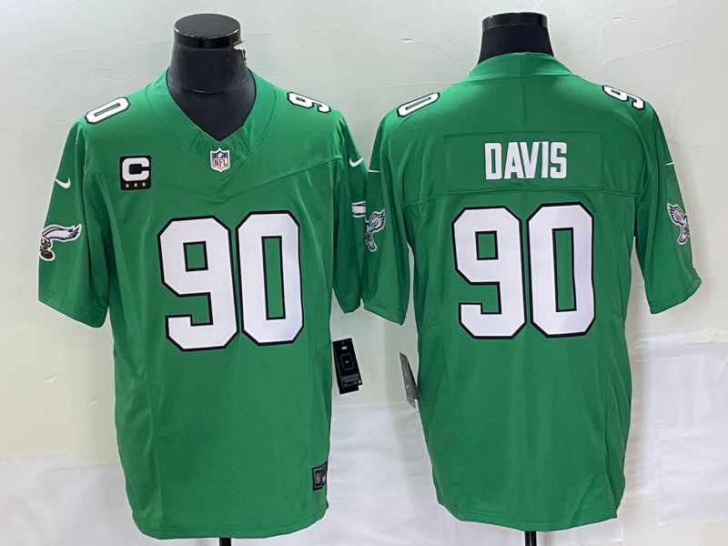 Men's Philadelphia Eagles #90 Jordan Davis Green C Patch 2023 FUSE Vapor Limited Throwback Stitched Jersey