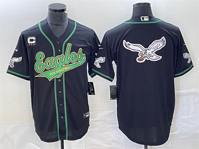 Men's Philadelphia Eagles Black Team Big Logo With C Patch Cool Base Stitched Baseball Jersey1