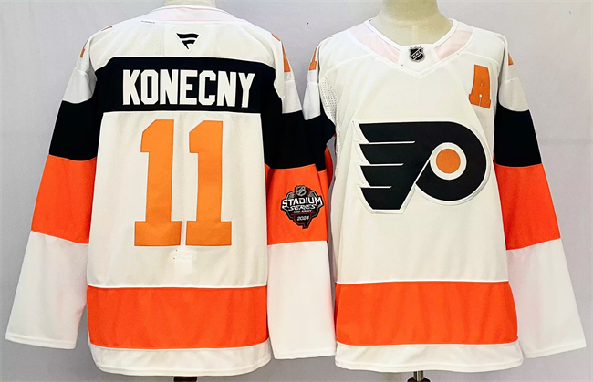 Men's Philadelphia Flyers #11 Travis Konecny White 2024-25 With A Patch Stitched Jersey