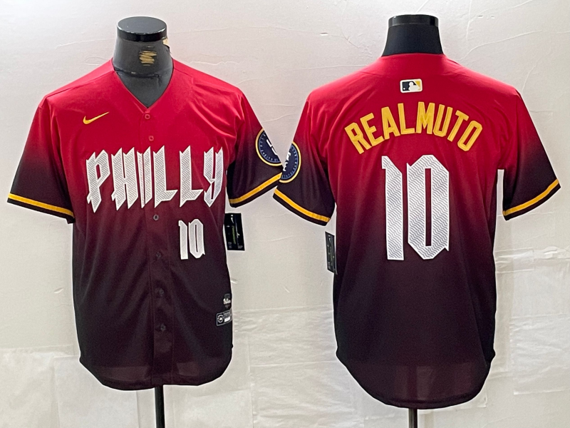 Men's Philadelphia Phillies #10 JT Realmuto Red 2024 City Player Number Cool Base Jersey