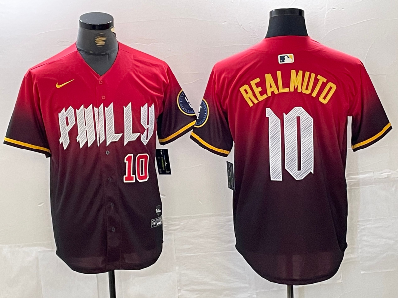 Men's Philadelphia Phillies #10 JT Realmuto Red 2024 City Player Number Cool Base Jerseys