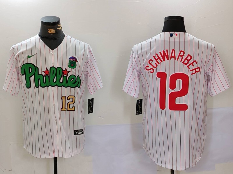 Men's Philadelphia Phillies #12 Kyle Schwarber White Green Cool Base Stitched Jerseys