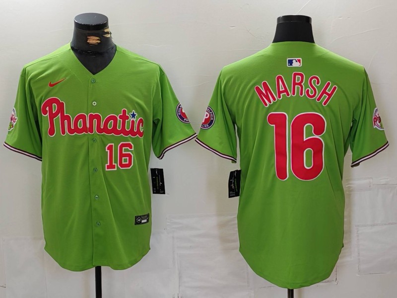 Men's Philadelphia Phillies #16 Brandon Marsh Number Green With Patch Stitched Cool Base Nike Jersey