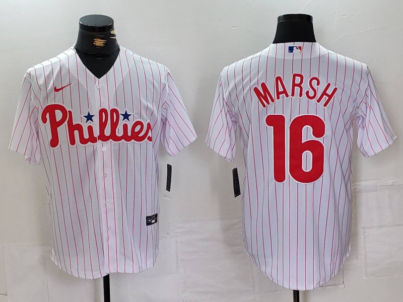Men's Philadelphia Phillies #16 Brandon Marsh White Pinstripe Stitched Cool Base Jersey