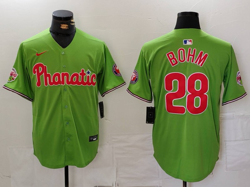 Men's Philadelphia Phillies #28 Alec Bohm Green With Patch Stitched Cool Base Nike Jersey