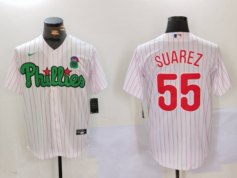 Men's Philadelphia Phillies #55 Ranger Suárez White Green Cool Base Stitched Jersey