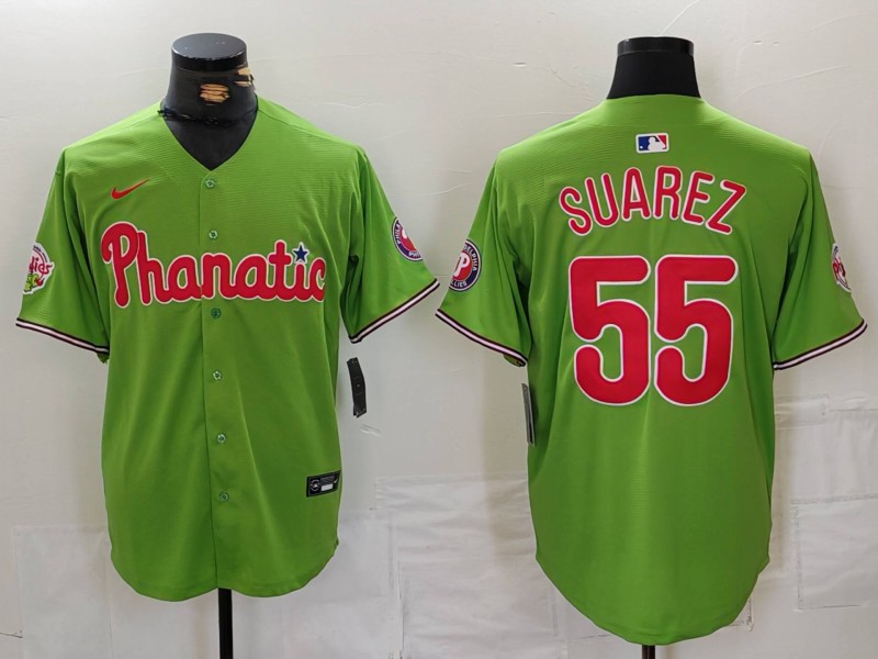 Men's Philadelphia Phillies #55 Ranger Suarez Green With Patch Stitched Cool Base Nike Jersey