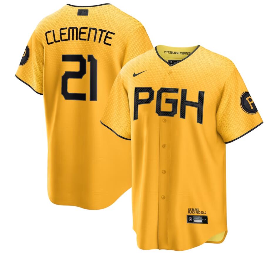 Men's Pittsburgh Pirates #21 Roberto Clemente Nike Gold 2023 City Connect Replica Player Jersey