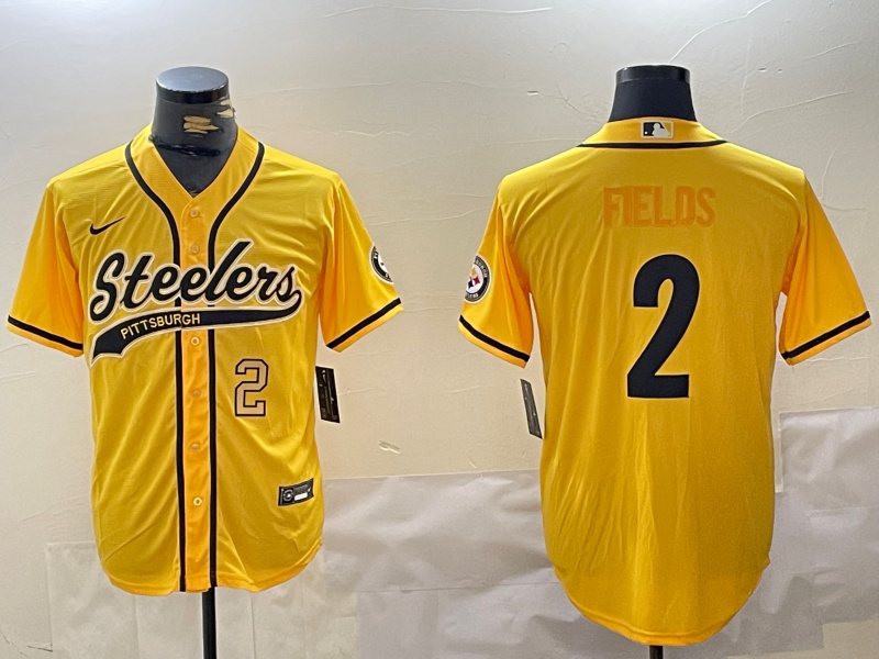 Men's Pittsburgh Steelers #2 Justin Fields Yellow With Patch Cool Base Stitched Baseball Jerseys