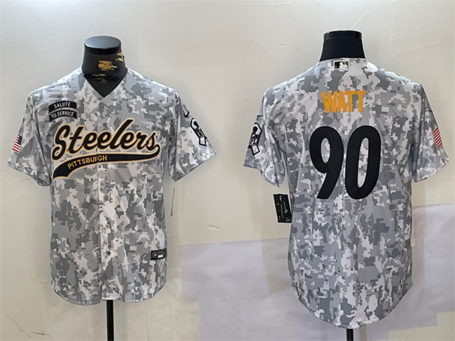 Men's Pittsburgh Steelers #90 T.J. Watt 2024 Arctic Camo Salute To Service Stitched Baseball Jersey