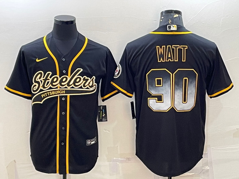 Men's Pittsburgh Steelers #90 TJ Watt Black Gold With Patch Smoke Cool Base Stitched Baseball Jersey