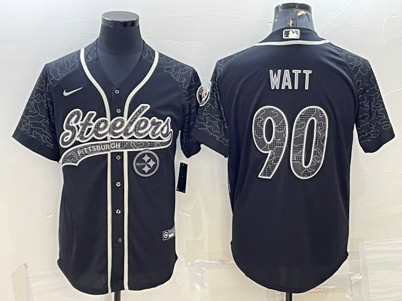 Men's Pittsburgh Steelers #90 TJ Watt Black Reflective With Patch Cool Base Stitched Baseball Jersey