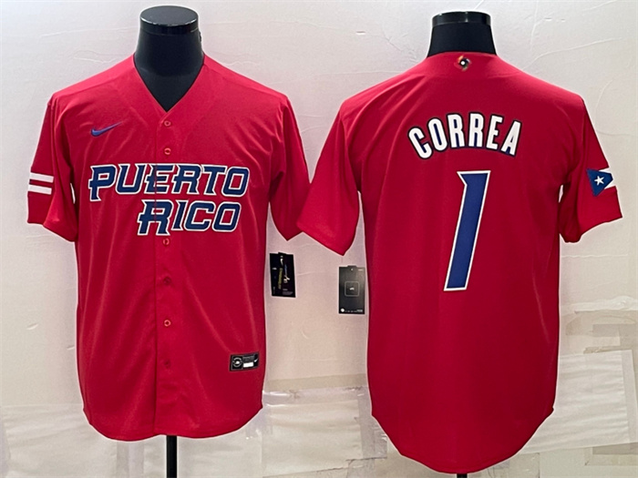 Men's Puerto Rico Baseball #1 Carlos Correa 2023 Red World Baseball Classic Replica Stitched Jersey