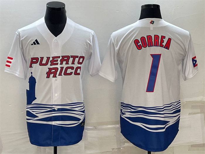 Men's Puerto Rico Baseball #1 Carlos Correa 2023 White World Baseball Classic Replica Stitched Jersey