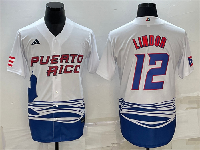 Men's Puerto Rico Baseball #12 Francisco Lindor 2023 White World Baseball Classic Replica Stitched Jersey