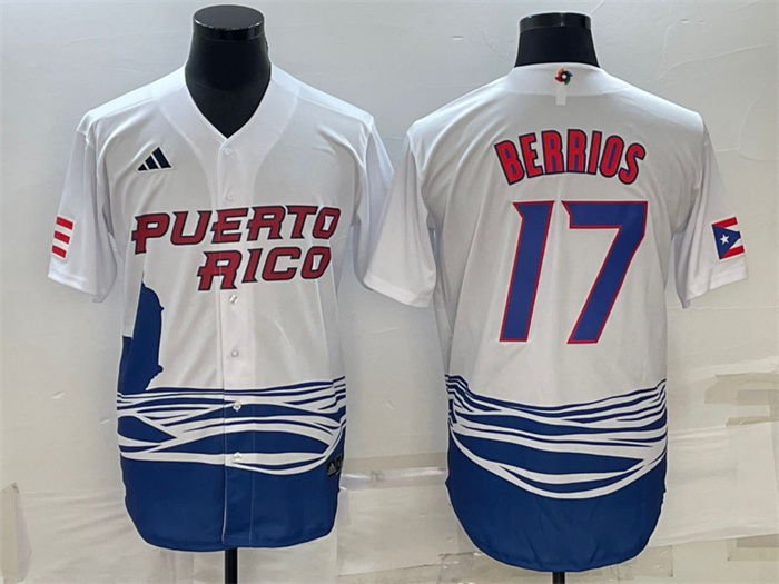 Men's Puerto Rico Baseball #17 José Berríos 2023 White World Baseball Classic Replica Stitched Jersey