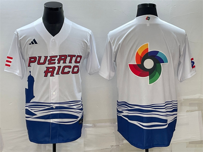 Men's Puerto Rico Baseball 2023 White World Baseball Big Logo Classic Replica Stitched Jersey