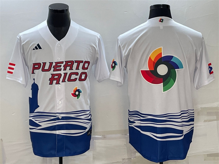 Men's Puerto Rico Baseball 2023 White World Baseball Big Logo With Patch Classic Replica Stitched JerseyS