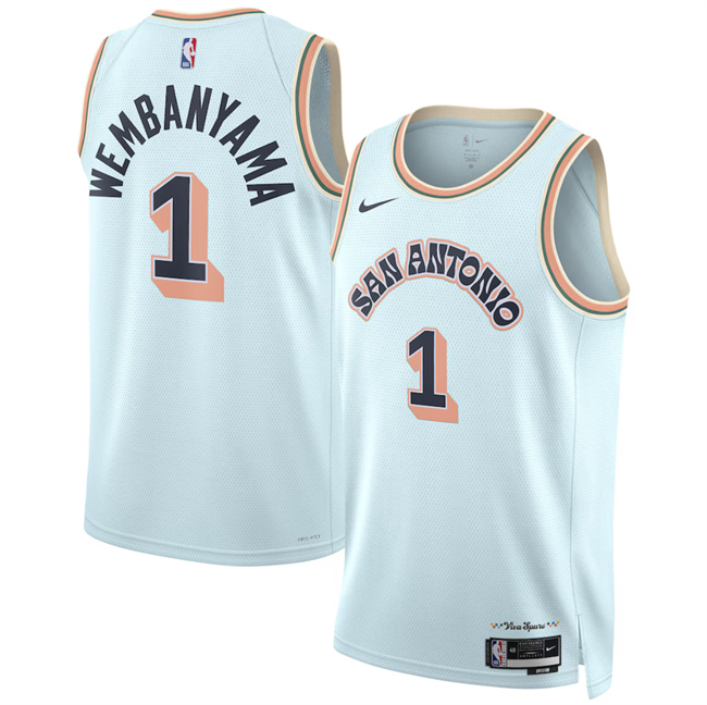 Men's San Antonio Spurs #1 Victor Wembanyama Light Blue 2024-25 City Edition Stitched Basketball Jersey1