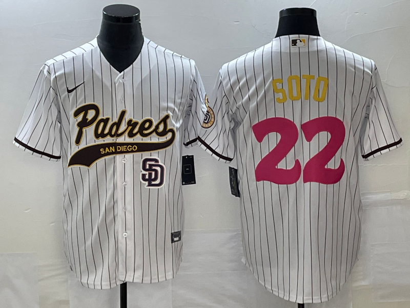 Men's San Diego Padres #22 Juan Soto White Pinstripe 2023 City Connect Cool Base Stitched Jersey 1