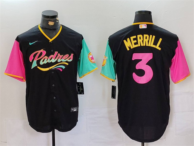 Men's San Diego Padres #3 Jackson Merrill Black City Connect Cool Base Stitched Baseball Jersey