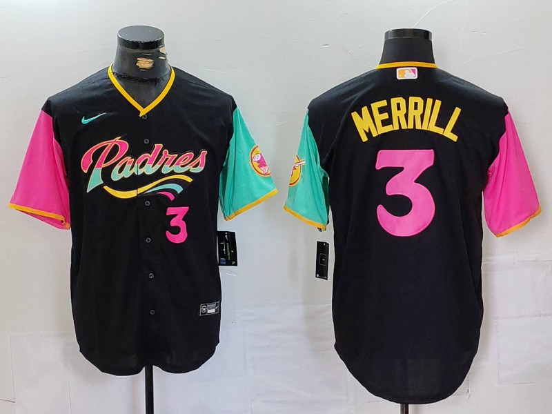 Men's San Diego Padres #3 Jackson Merrill Black Player Number Fashion Baseball Jersey