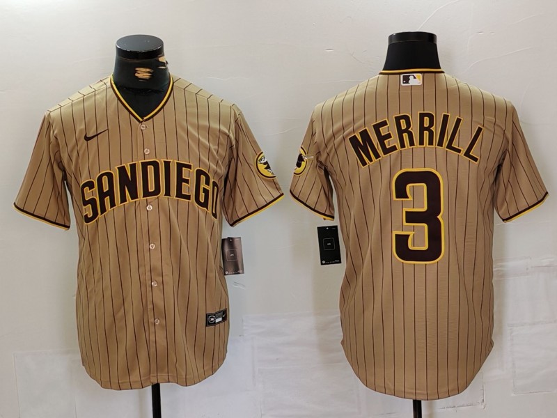 Men's San Diego Padres #3 Jackson Merrill Tan NEW 2023 Cool Base Stitched Jersey