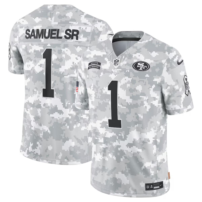 Men's San Francisco 49ers #1 Deebo Samuel Sr 2024 Arctic Camo Salute To Service Limited Stitched Football Jersey