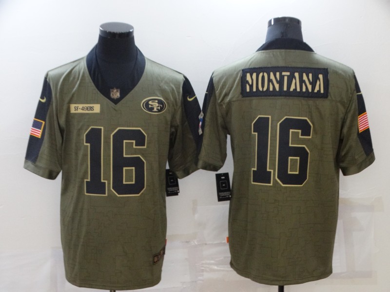 Men's San Francisco 49ers #16 Joe Montana 2021 Olive Salute To Service Limited Stitched Jersey