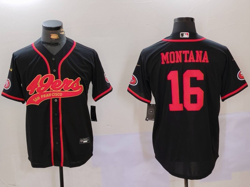 Men's San Francisco 49ers #16 Joe Montana Black With Patch Cool Base Stitched Baseball Jerseys