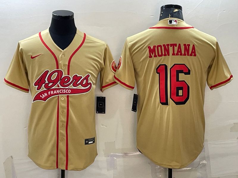 Men's San Francisco 49ers #16 Joe Montana Gold Color Rush With Patch Cool Base Stitched Baseball Jersey