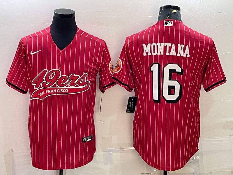 Men's San Francisco 49ers #16 Joe Montana Red Pinstripe Color Rush With Patch Cool Base Stitched Baseball Jersey