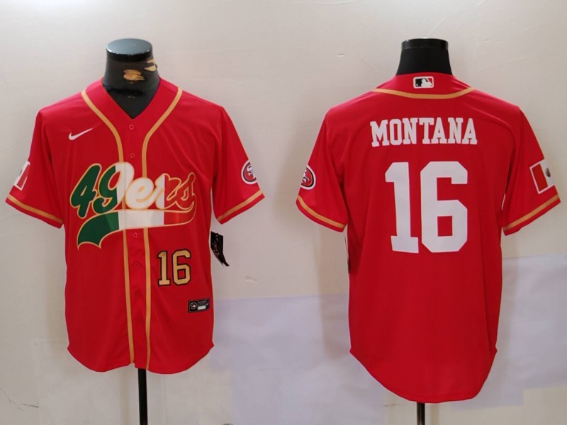 Men's San Francisco 49ers #16 Joe Montana Red With Patch Cool Base Stitched Baseball Jerseys