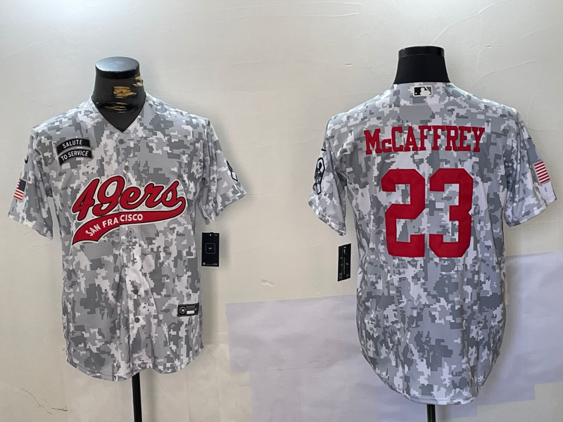 Men's San Francisco 49ers #23 Christian McCaffrey Arctic Camo 2024 Salute to Service Stitched Baseball Jersey