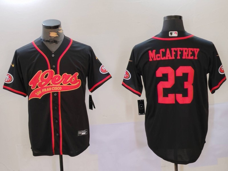 Men's San Francisco 49ers #23 Christian McCaffrey Black With Patch Cool Base Stitched Baseball Jersey