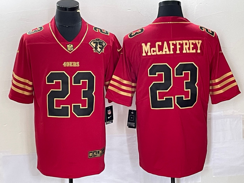 Men's San Francisco 49ers #23 Christian McCaffrey Red 75th Patch Golden Edition Stitched Nike Limited Jersey