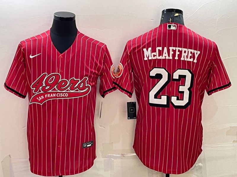 Men's San Francisco 49ers #23 Christian McCaffrey Red Pinstripe Color Rush With Patch Cool Base Stitched Baseball Jersey