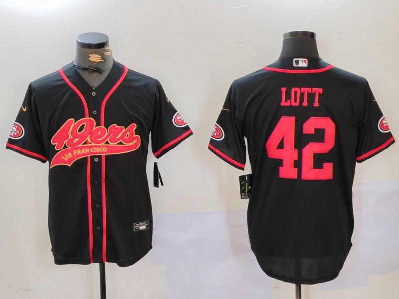 Men's San Francisco 49ers #42 Ronnie Lott Black With Patch Cool Base Stitched Baseball Jersey