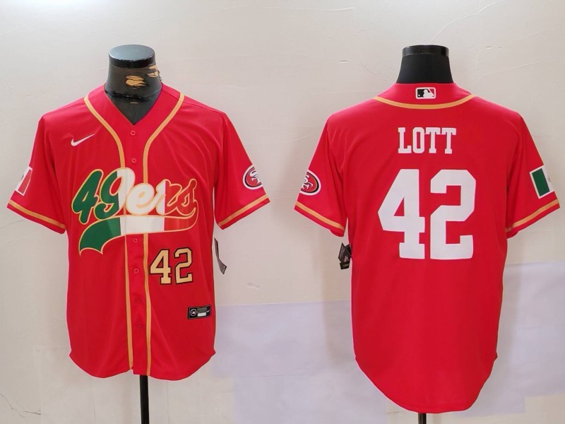 Men's San Francisco 49ers #42 Ronnie Lott Red With Patch Cool Base Stitched Baseball Jersey