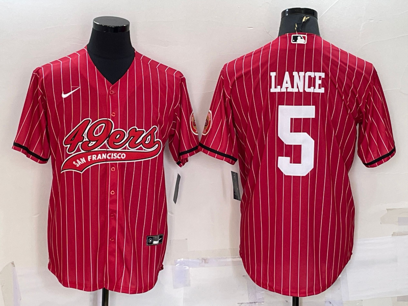 Men's San Francisco 49ers #5 Trey Lance Red Pinstripe With Patch Cool Base Stitched Baseball Jersey