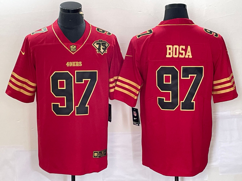 Men's San Francisco 49ers #97 Nick Bosa Red 75th Patch Golden Edition Stitched Nike Limited Jersey