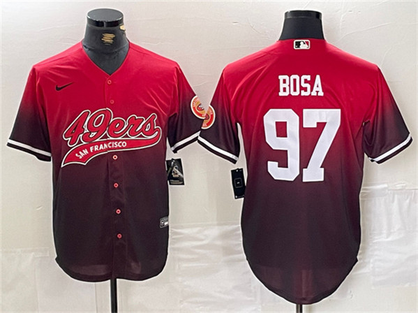 Men's San Francisco 49ers #97 Nick Bosa Red Black With Patch Cool Base Baseball Stitched Jersey