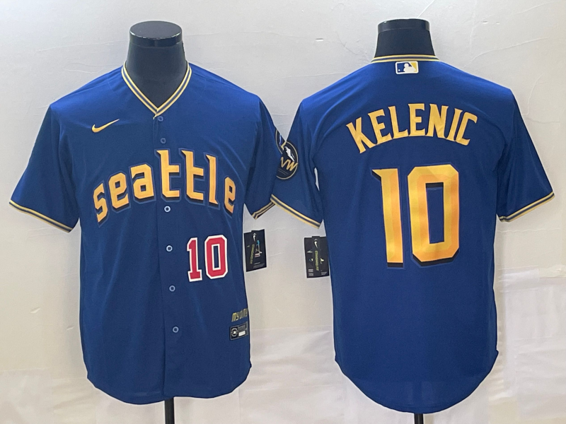 Men's Seattle Mariners #10 Jarred Kelenic Number Blue 2023 City Connect Cool Base Stitched Jersey