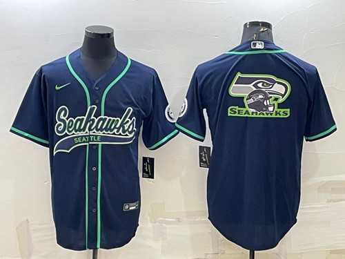 Men's Seattle Seahawks Navy Team Big Logo With Patch Cool Base Stitched Baseball Jersey