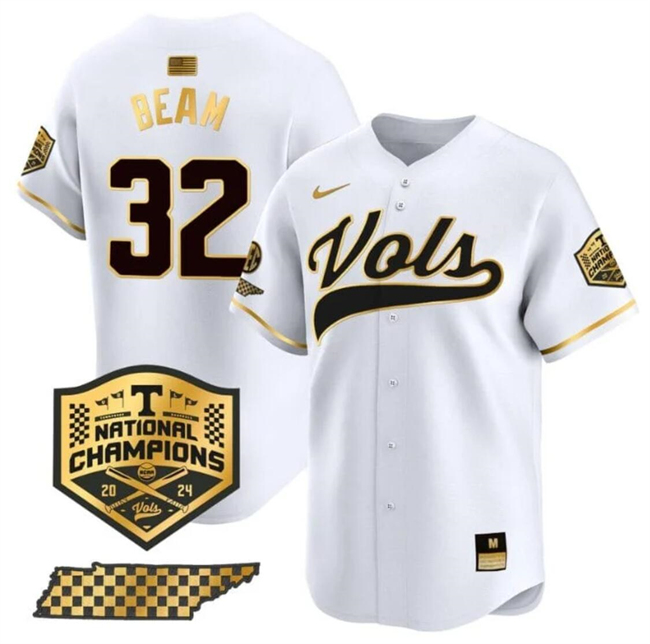 Men's Tennessee Volunteers #32 Drew Beam White Gold 2024 Champions Vapor Limited Stitched Jersey