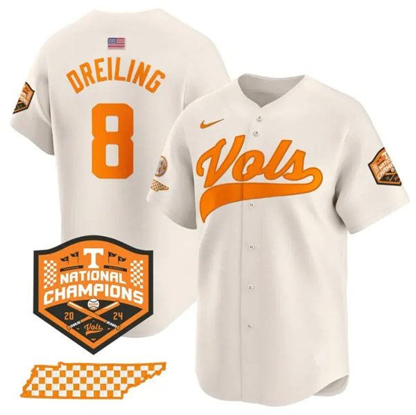 Men's Tennessee Volunteers #8 Dylan Dreiling Cream 2024 Champions Vapor Limited Baseball Stitched Jersey